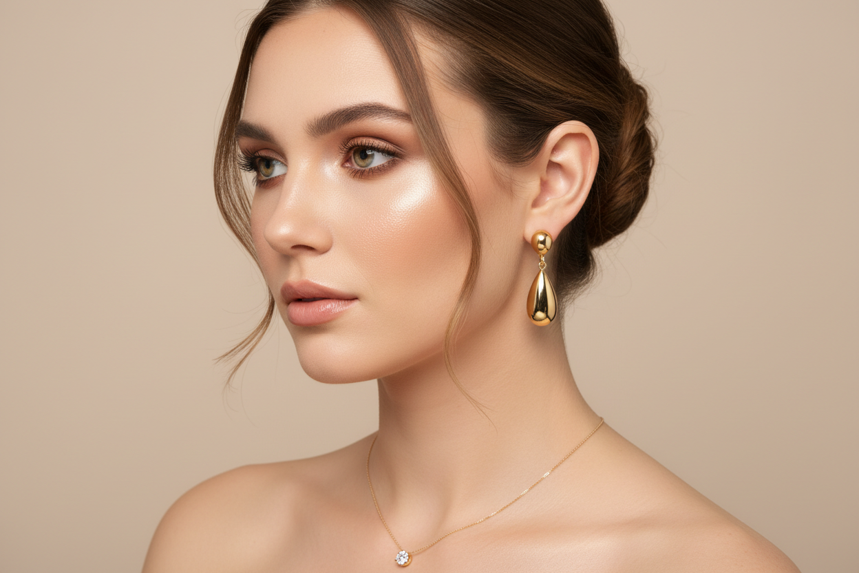 Студийный бьюти-портрет: взрослая молодая женщина 22–28 лет, естественный макияж, волосы собраны, светлый фон, мягкий рассеянный свет. Акцент: золотые серьги-капли и тонкое ожерелье с подвеской, крупный план уха и ключиц, блики на металле и камнях, shallow depth of field, 85mm, стиль каталога ювелирного магазина, чистая ретушь кожи. 