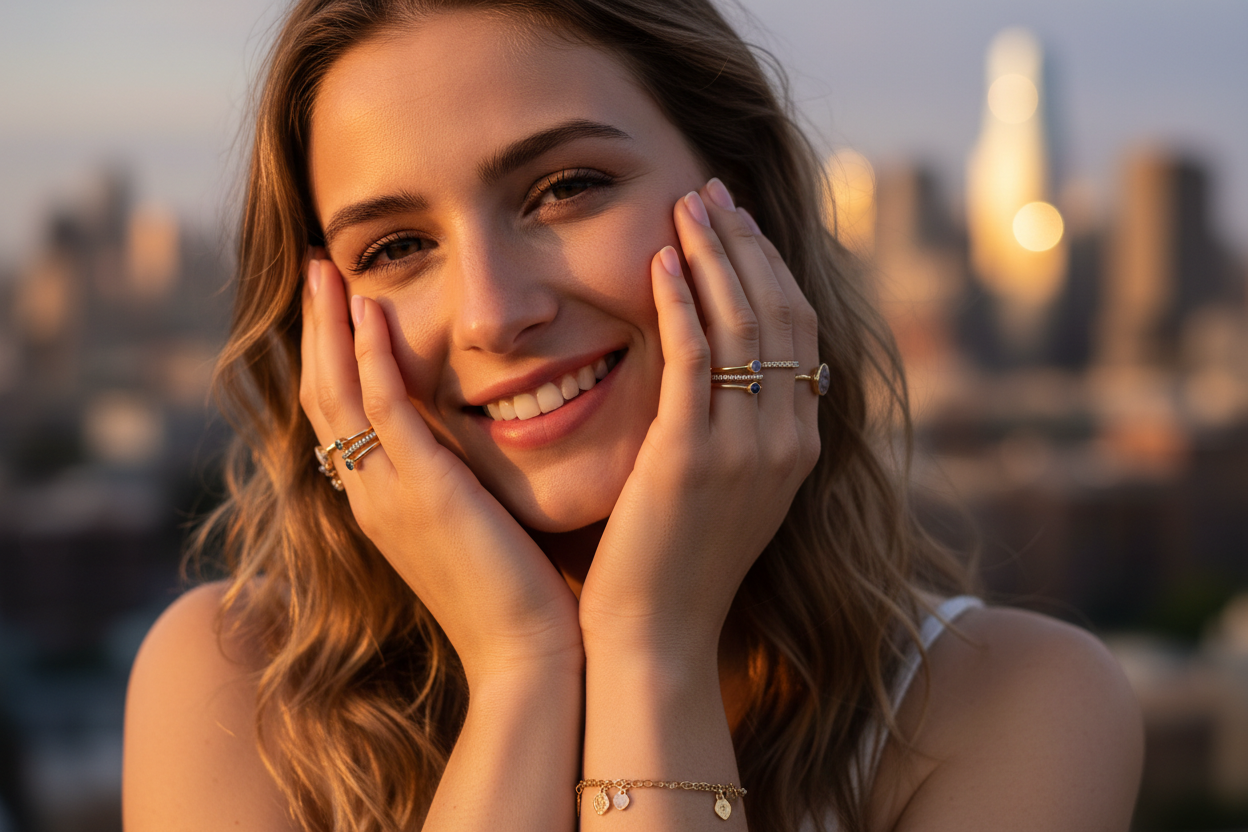 Лайфстайл в золотой час: взрослая молодая женщина 23–30 лет на улице, тёплый закатный свет, естественная улыбка. Акцент: крупный план рук у лица — набор тонких колец с камнями и изящный браслет, мягкий боке городского фона, движения волос на ветру, 50mm, реалистичная текстура кожи, ощущение доступной роскоши для интернет-магазина