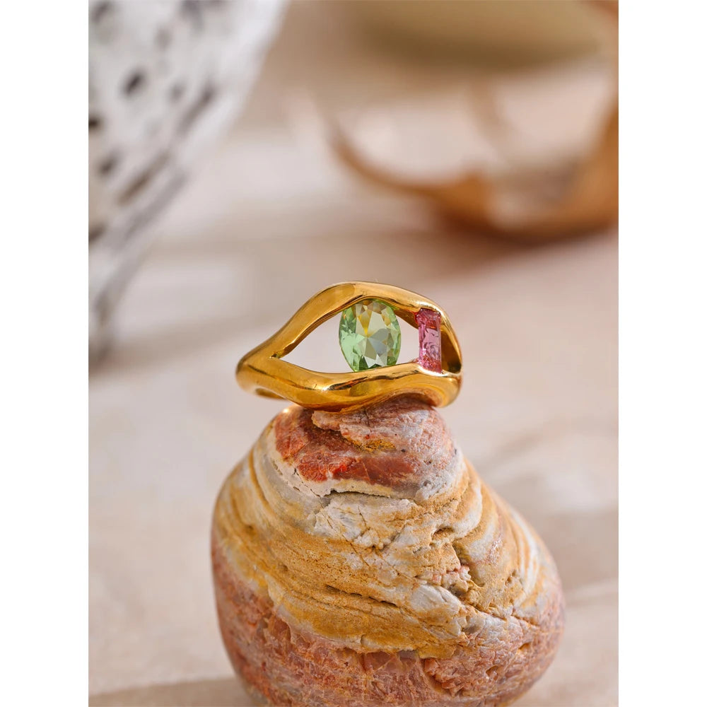 Gold-Plated Lip CZ Stainless Steel Ring