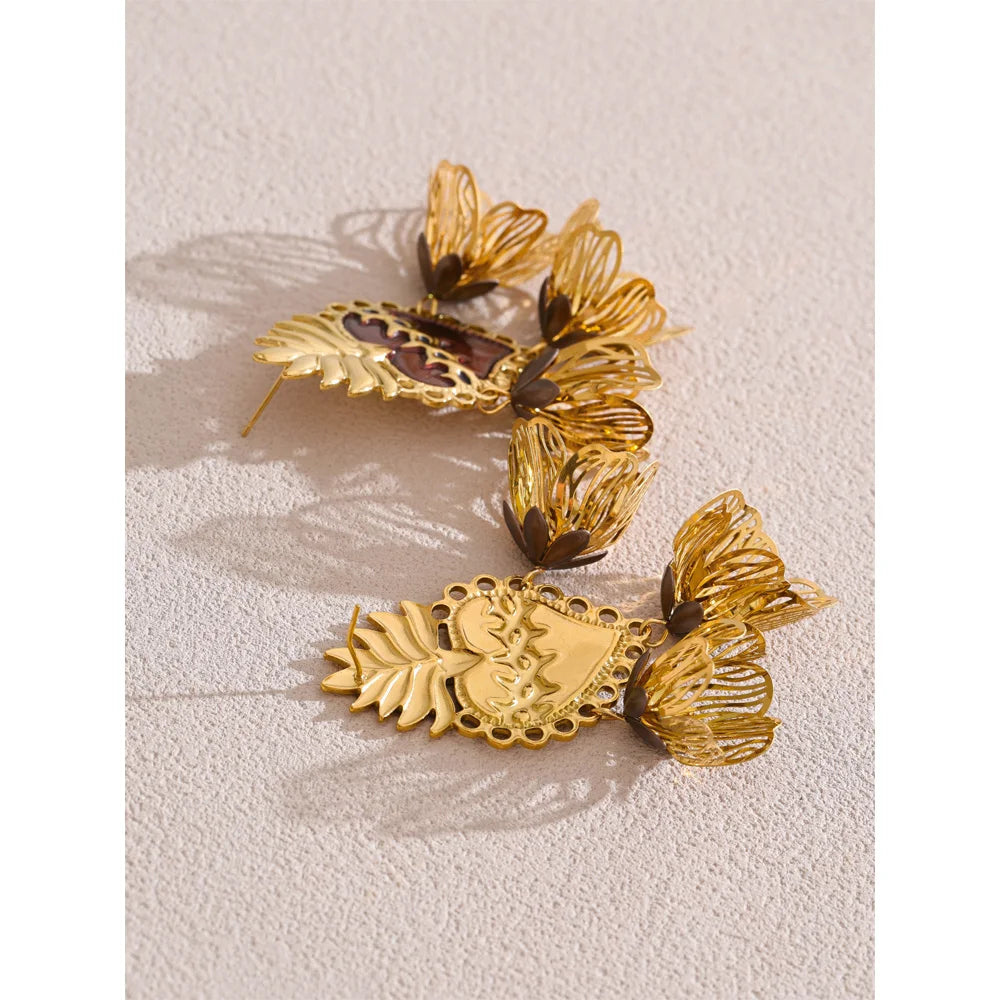 Enamel Heart Flower Petal Drop Earrings
