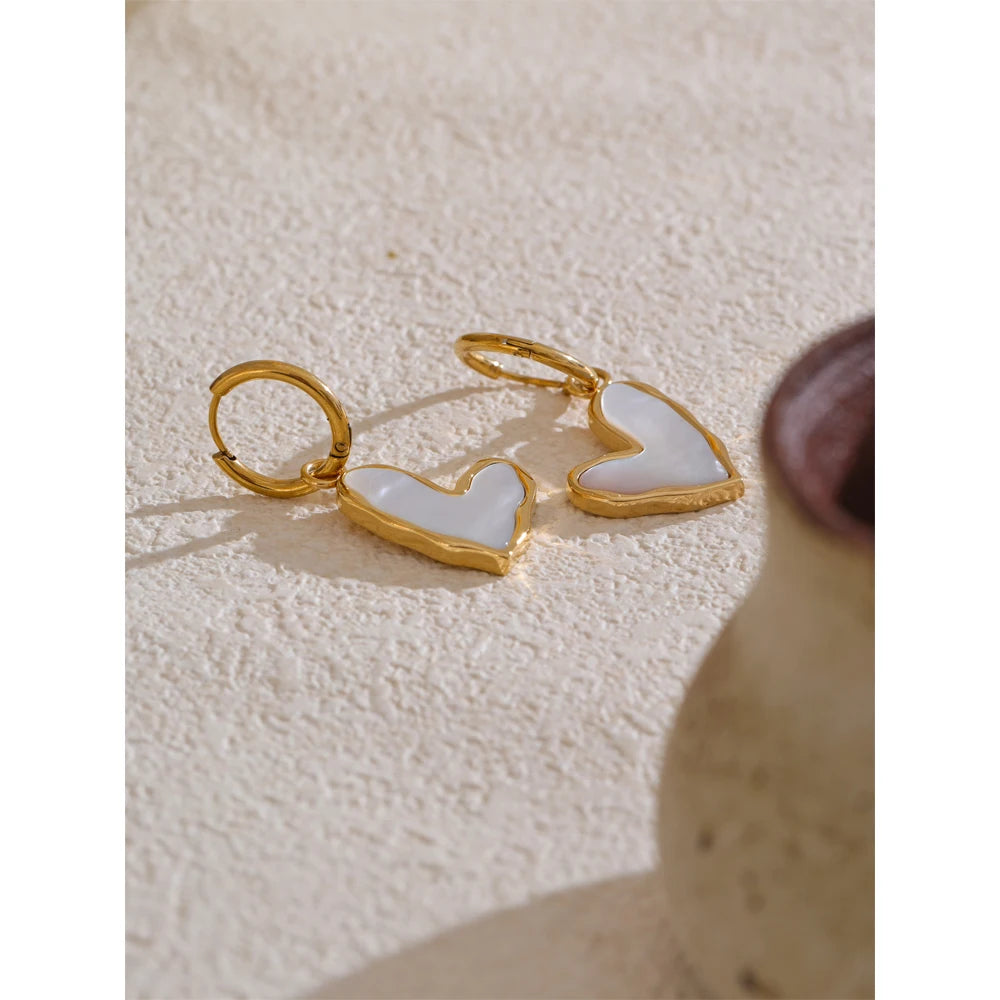 Thicker Shell Heart Love Hoop Drop Earrings