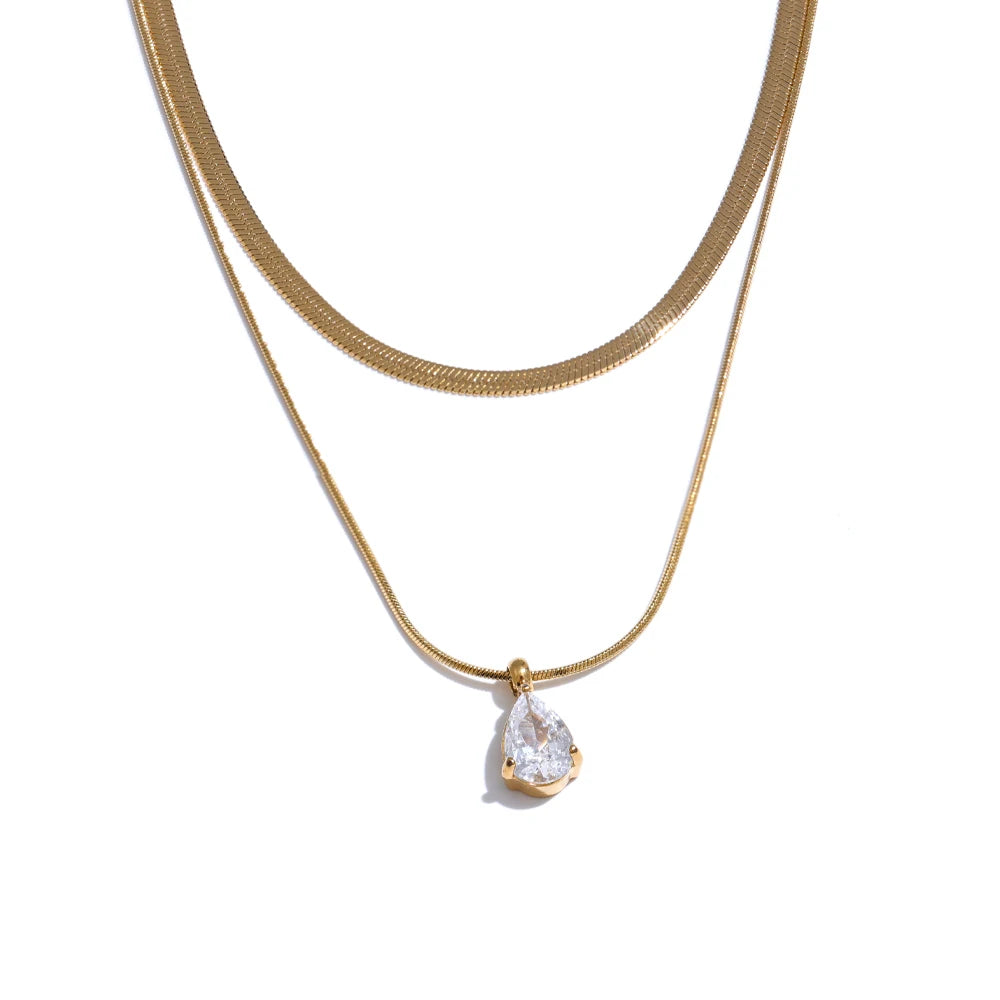Double‑Layer Snake Chain Water Drop CZ Necklace