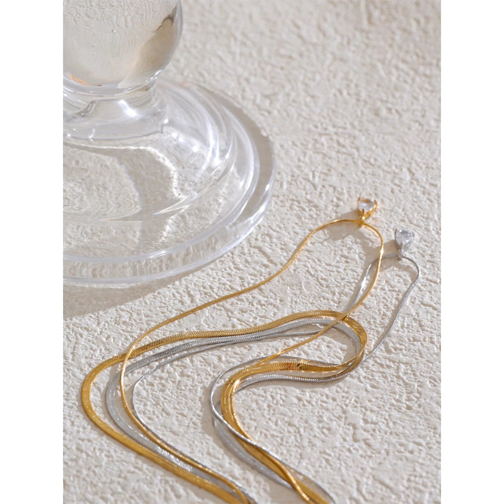Double‑Layer Snake Chain Water Drop CZ Necklace