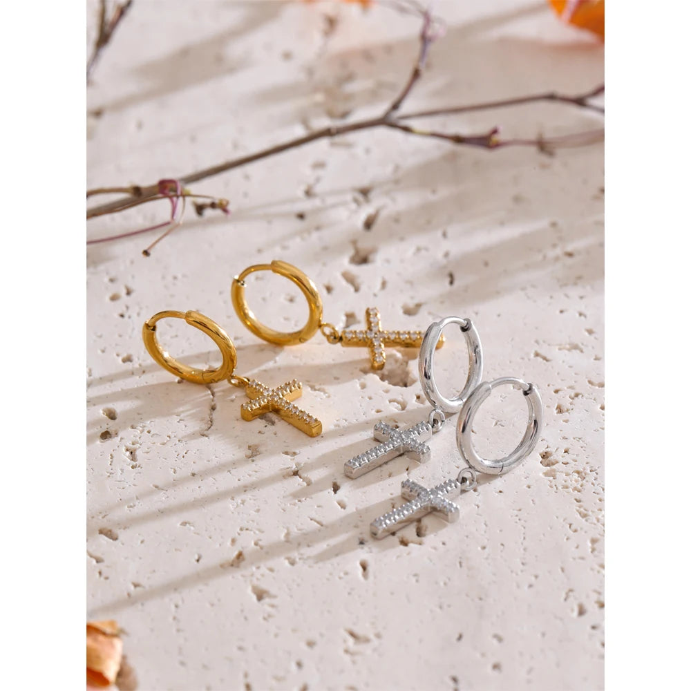 Cubic Zirconia Cross Drop Dangle Earrings