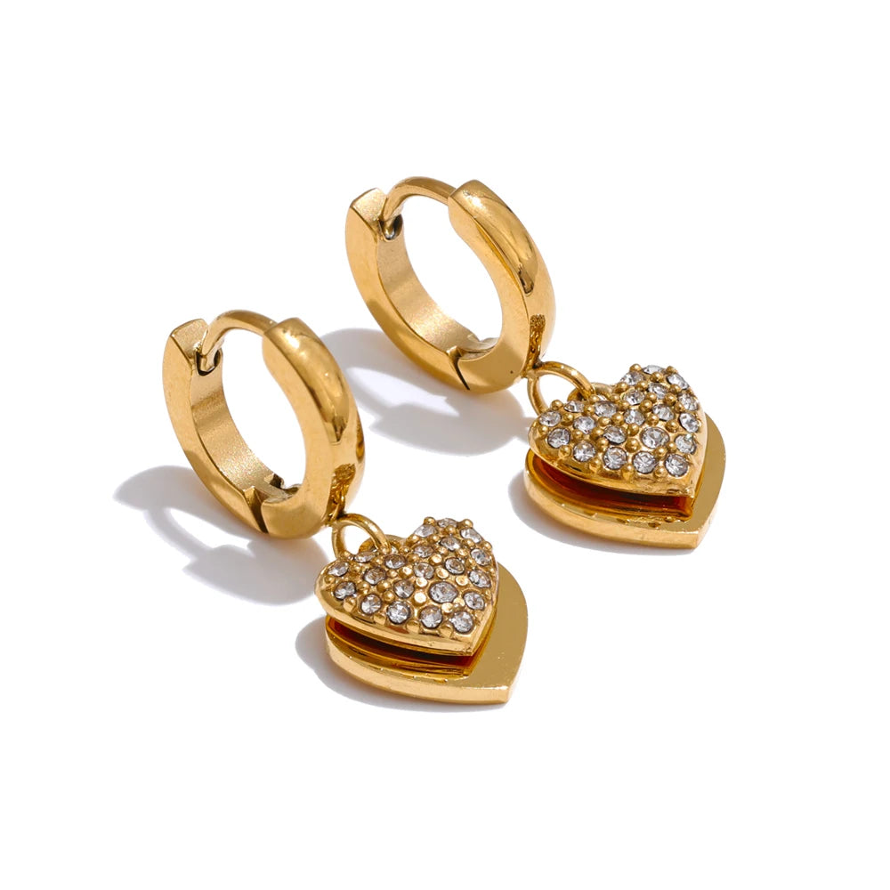 Double Heart Cubic Zircon Drop Hoop Earrings
