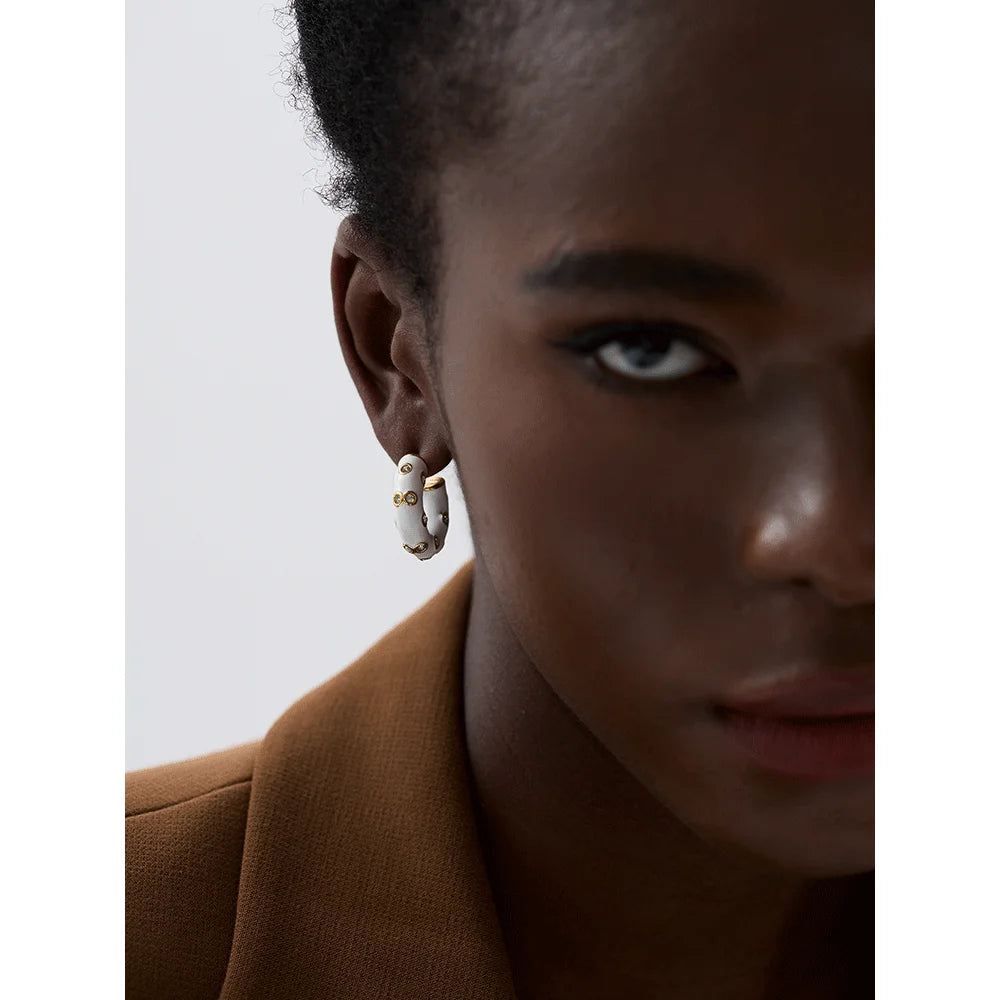 Enamel CZ C-Shape Huggie Earrings