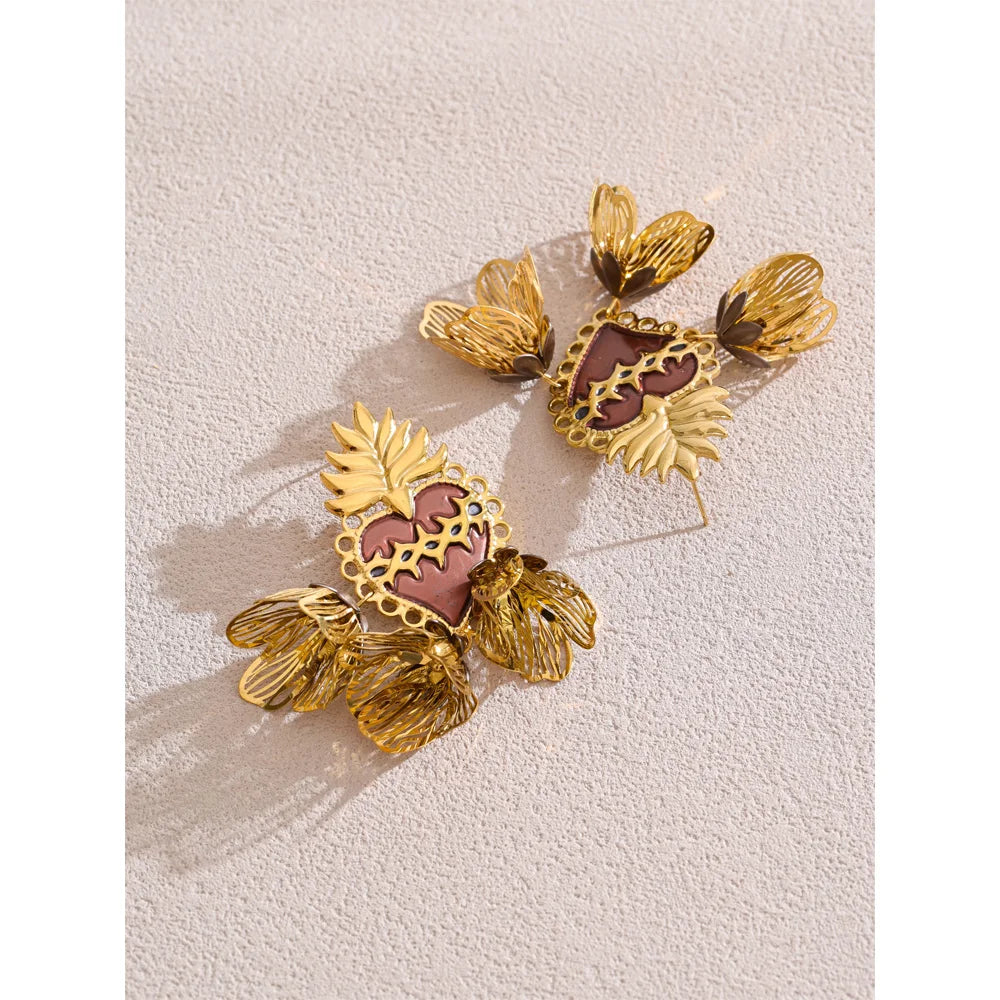 Enamel Heart Flower Petal Drop Earrings