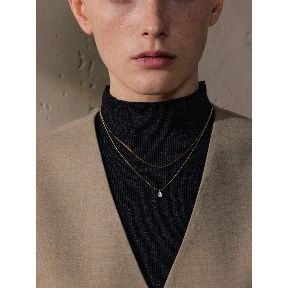 Double‑Layer Snake Chain Water Drop CZ Necklace