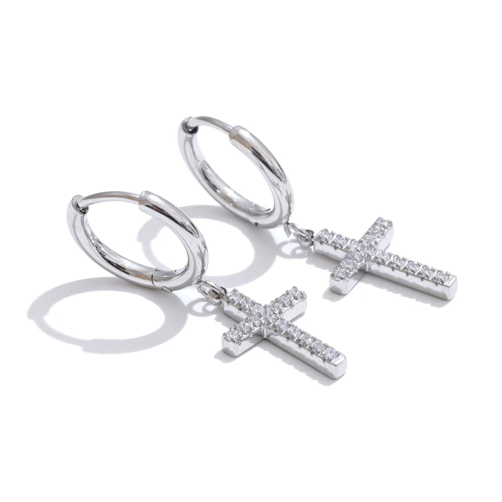 Cubic Zirconia Cross Drop Dangle Earrings