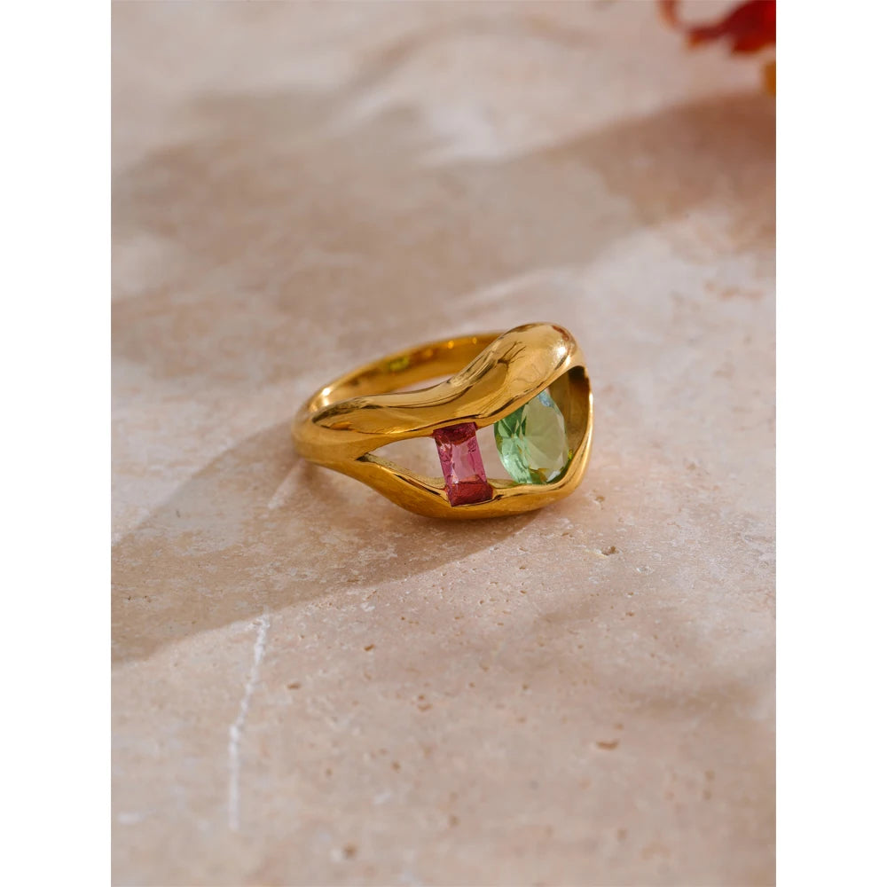 Gold-Plated Lip CZ Stainless Steel Ring