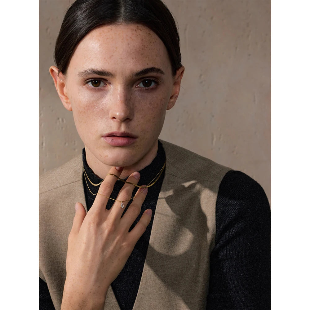 Double‑Layer Snake Chain Water Drop CZ Necklace