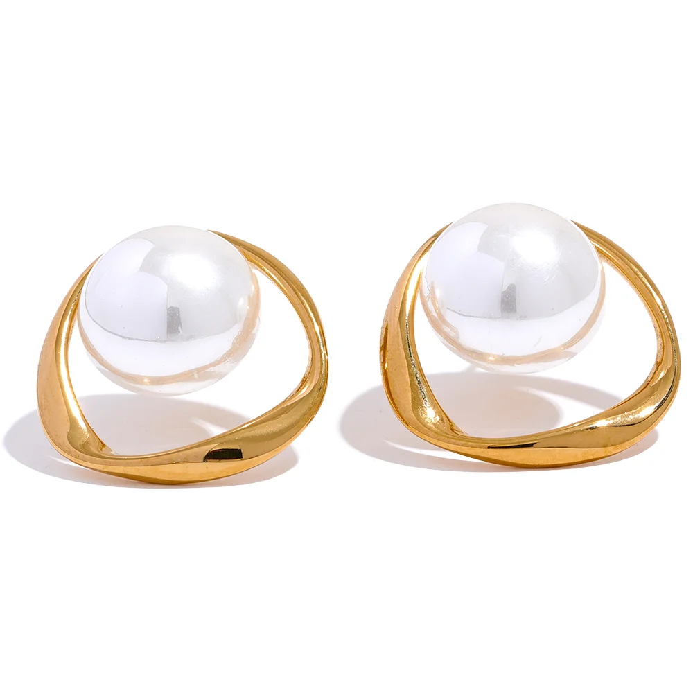 316L Hollow Round Simulated Pearl Stud Earrings