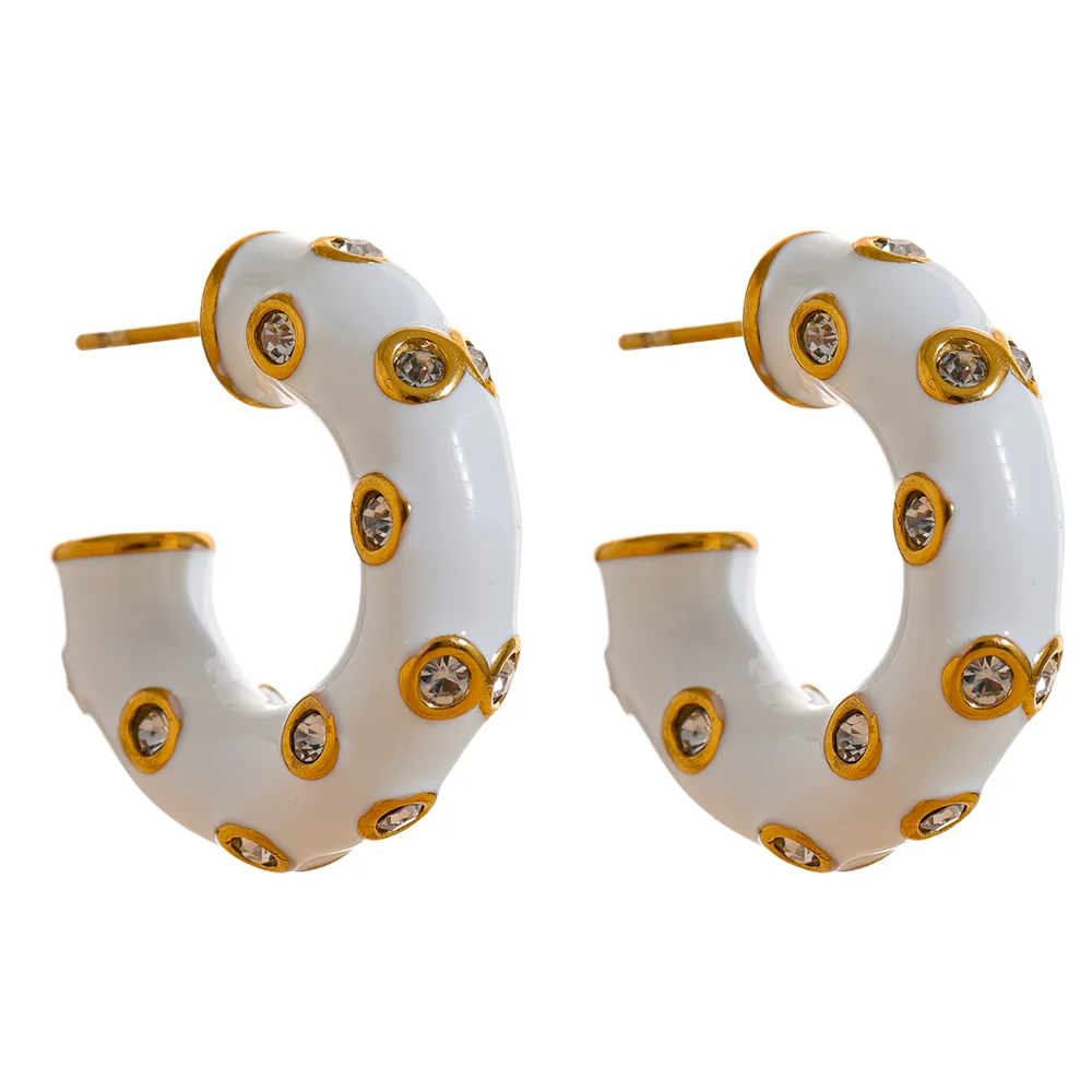 Enamel CZ C-Shape Huggie Earrings