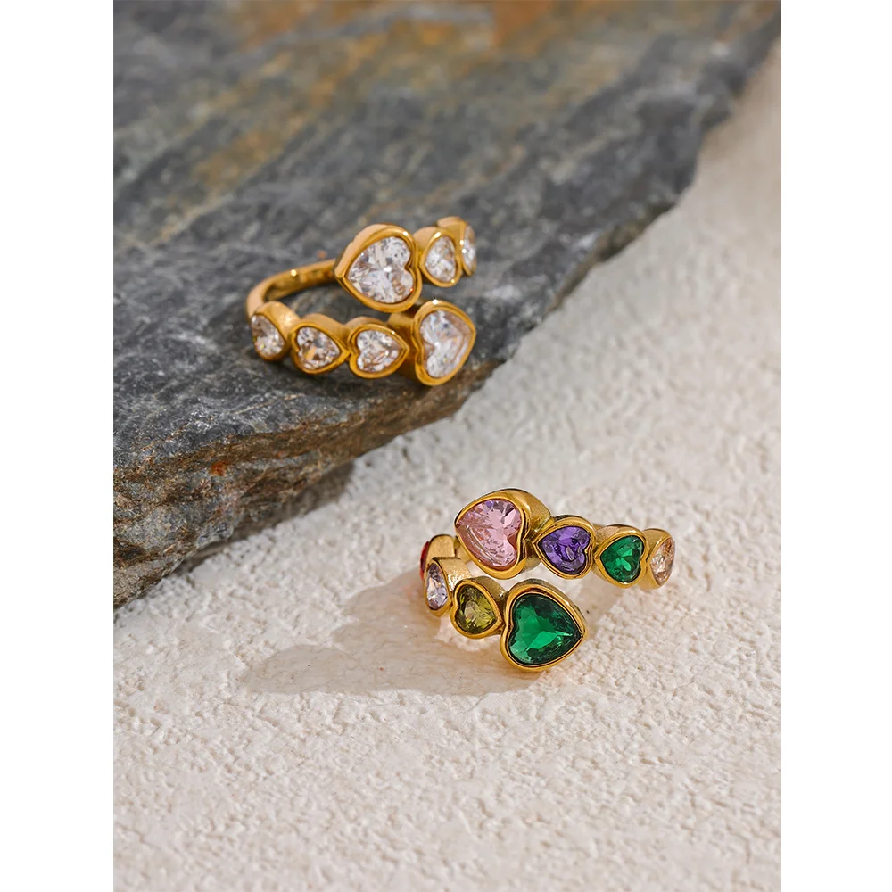 Gold CZ Heart Adjustable Ring