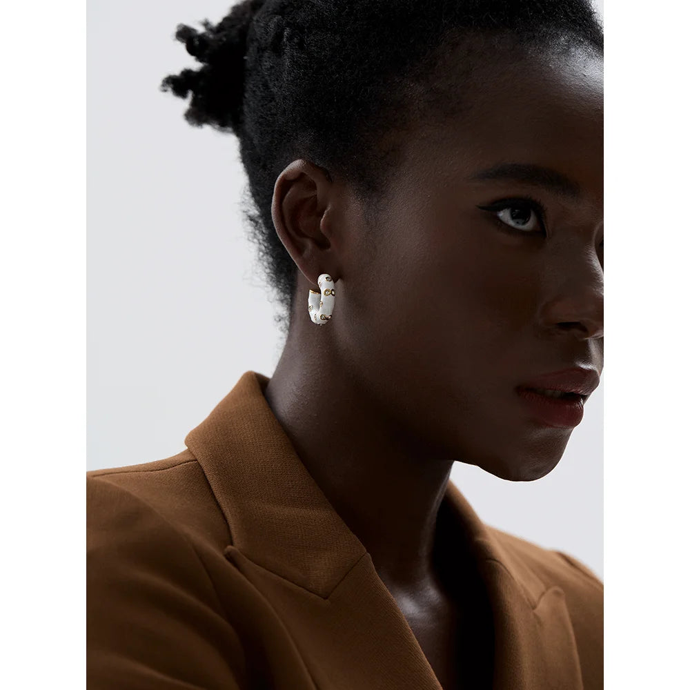 Enamel CZ C-Shape Huggie Earrings