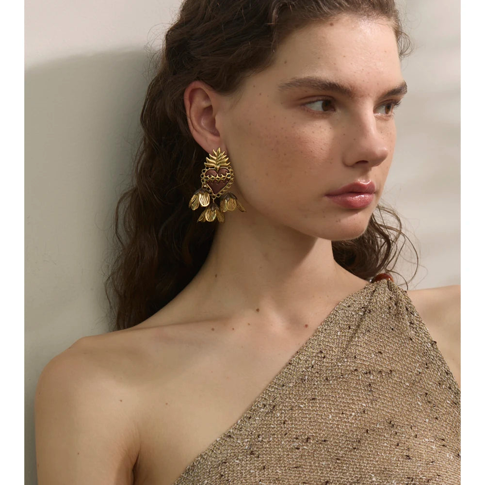 Enamel Heart Flower Petal Drop Earrings