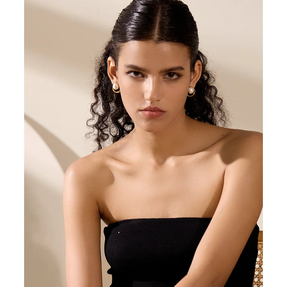 316L Hollow Round Simulated Pearl Stud Earrings