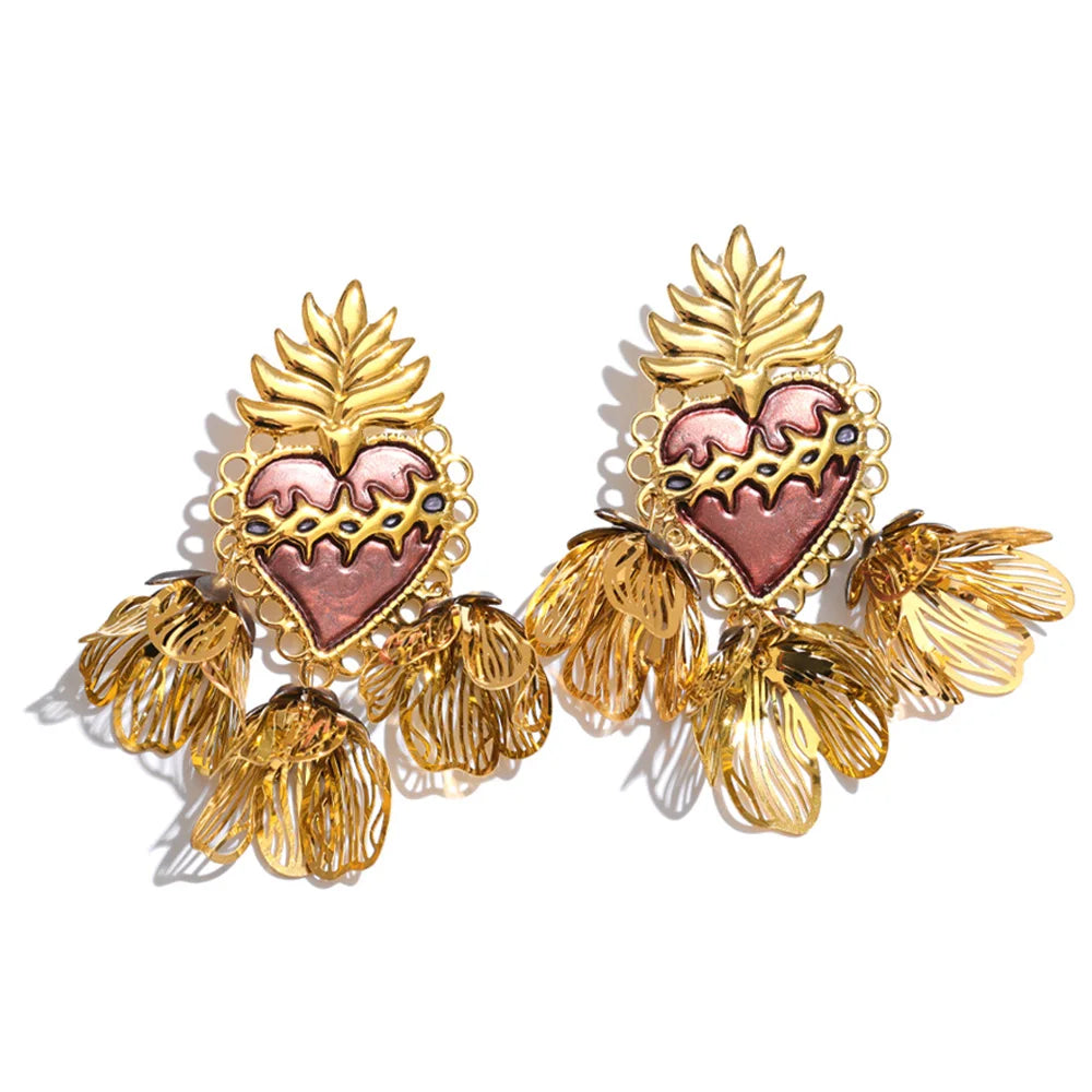 Enamel Heart Flower Petal Drop Earrings