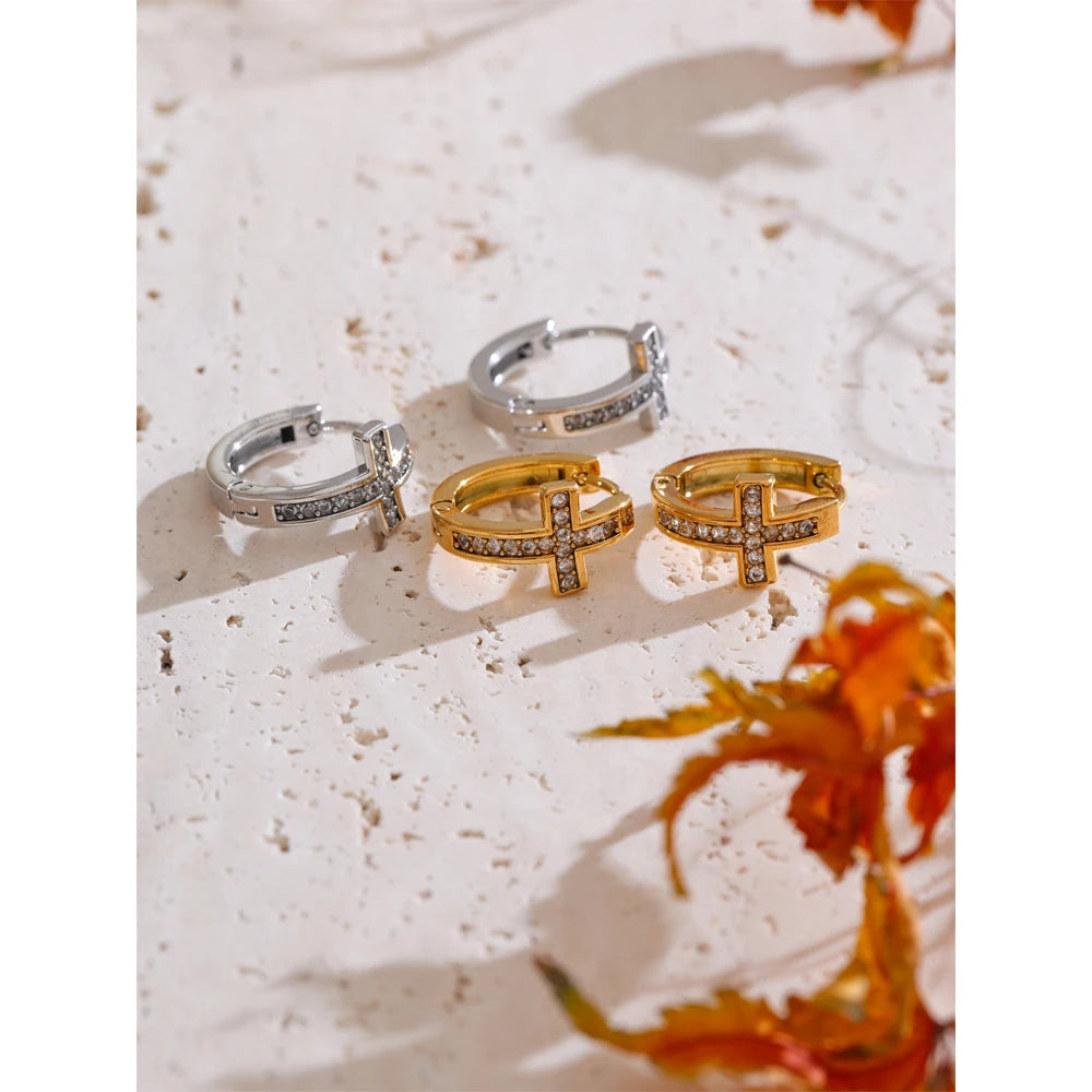 CZ Cross Hoop Earrings