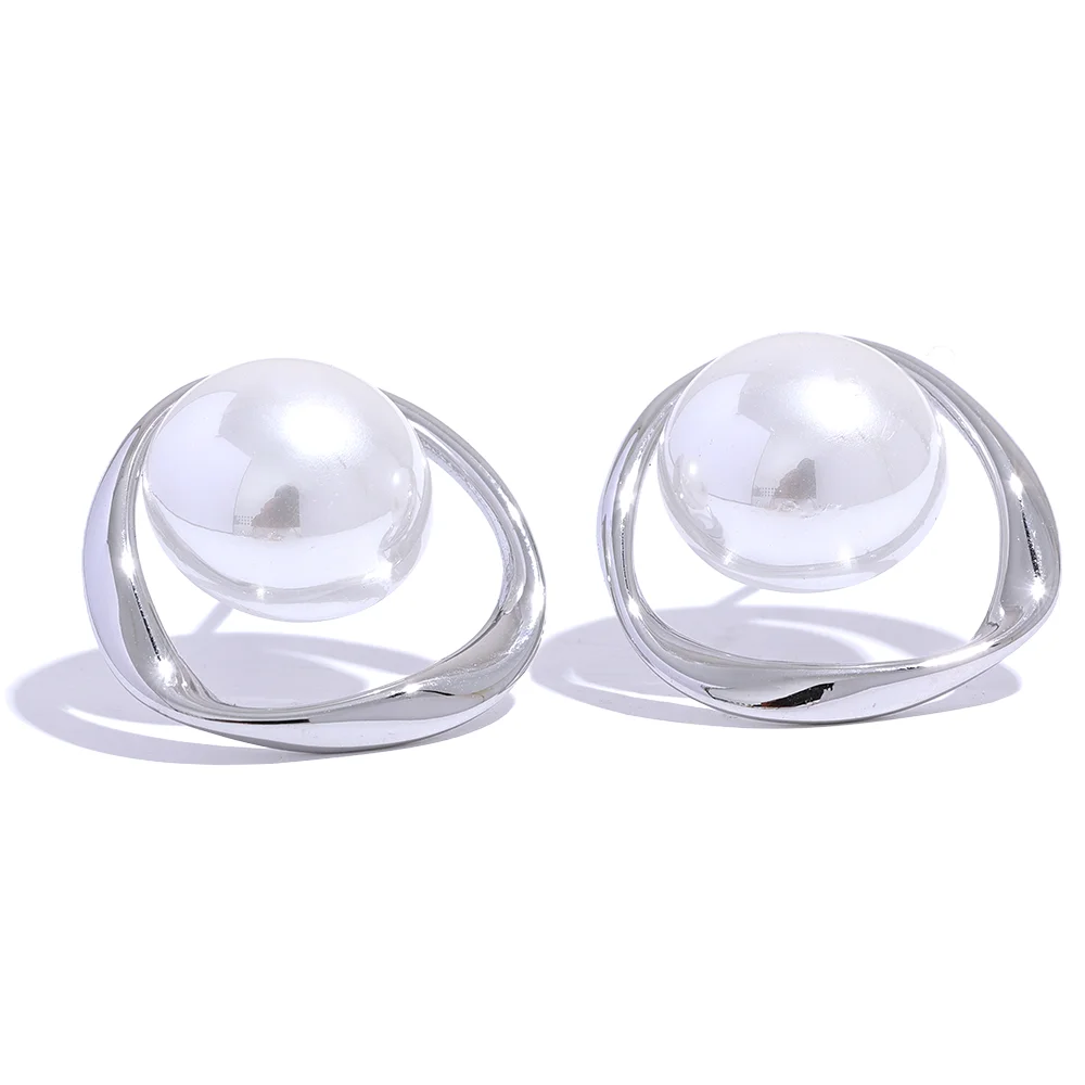 316L Hollow Round Simulated Pearl Stud Earrings