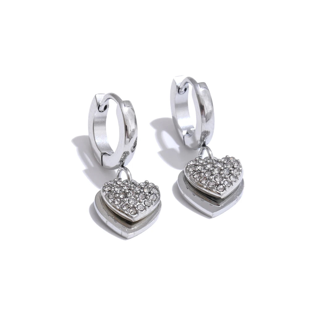 Double Heart Cubic Zircon Drop Hoop Earrings