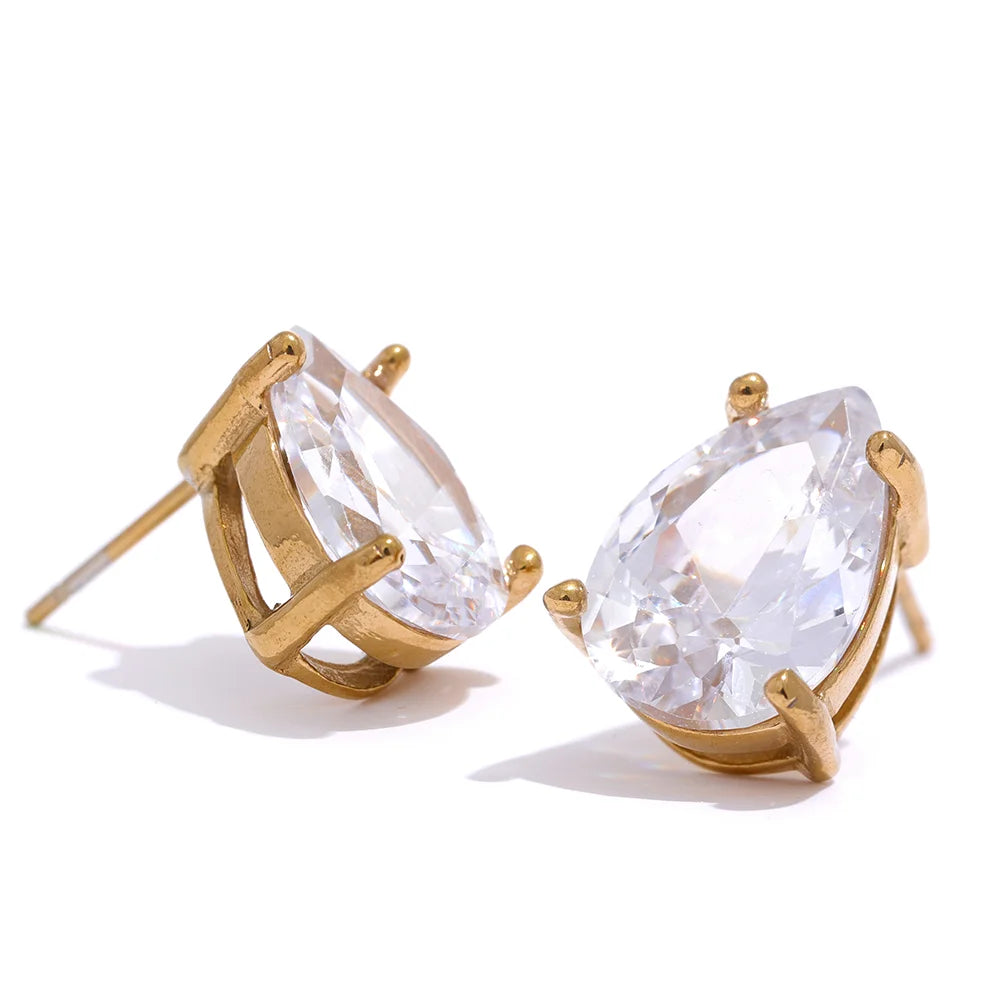 CZ Teardrop Stud Earrings 18K Gold‑Plated