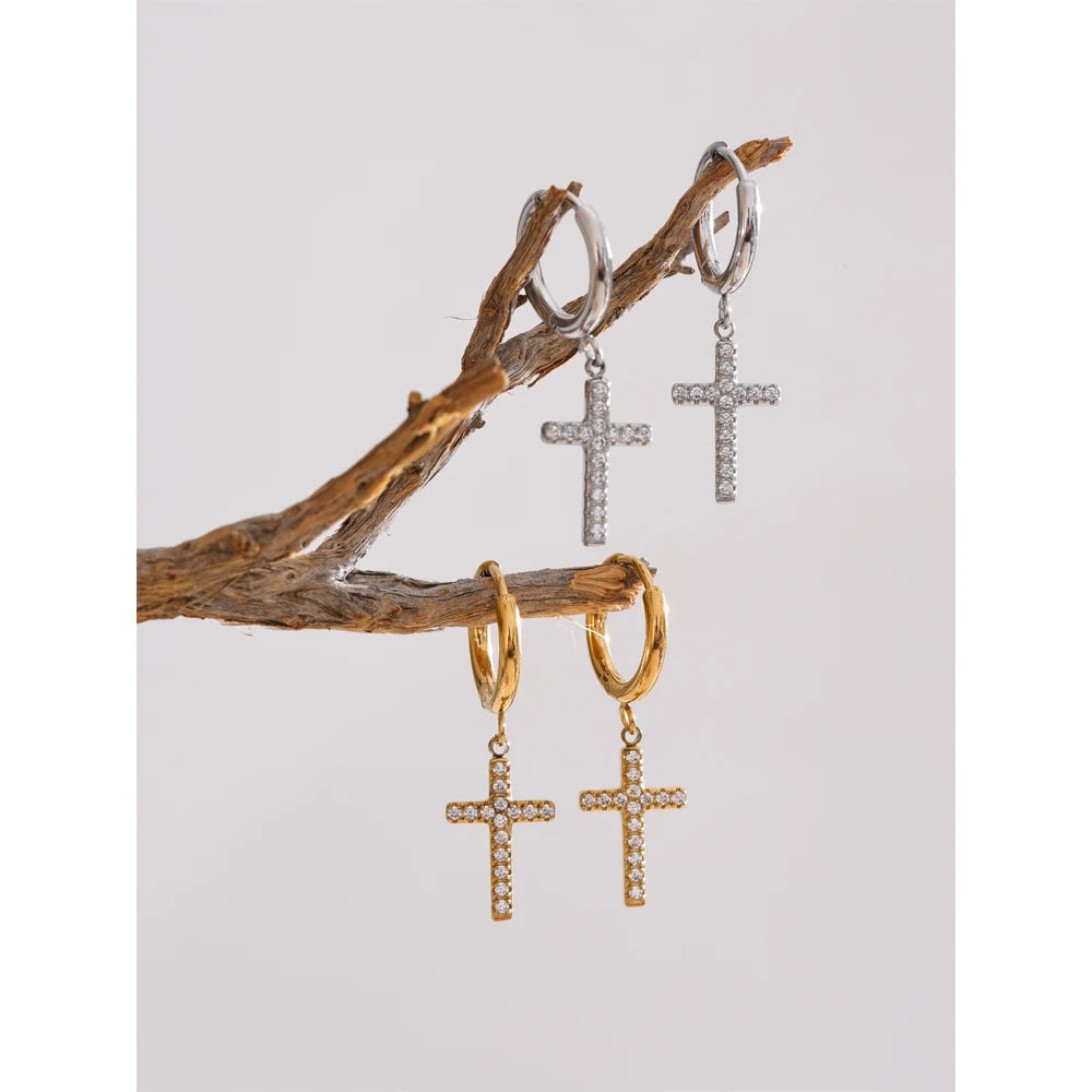 Cubic Zirconia Cross Drop Dangle Earrings
