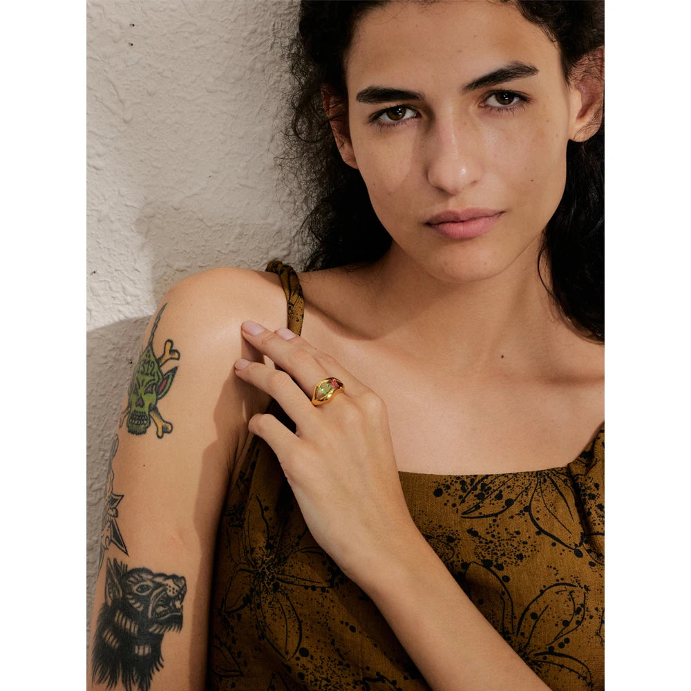 Gold-Plated Lip CZ Stainless Steel Ring