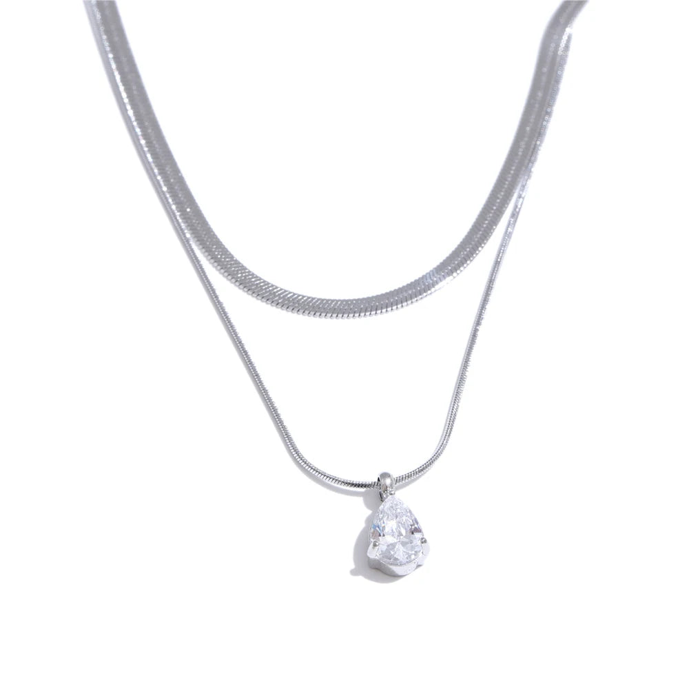 Double‑Layer Snake Chain Water Drop CZ Necklace