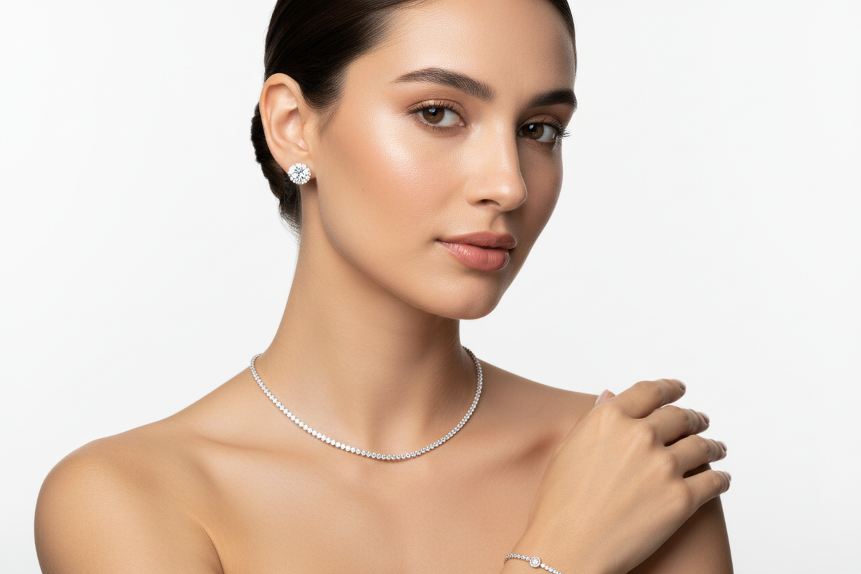 High-key студия: взрослая молодая женщина 23–30 лет, гладкий пучок, естественный глянец кожи, белый бесшовный фон, мягкий софтбокс + отражатель. Акцент: бриллиантовые серьги-гвоздики, теннисное колье и тонкий браслет в оправе, крупный портрет по ключицы, чёткие блики на гранях камней, 85–100mm, малая ГРИП, чистая каталожная ретушь. Негатив: пересвеченные блики, цветовые паразиты, чрезмерная пластика кожи, логотипы/текст, шум/зерно